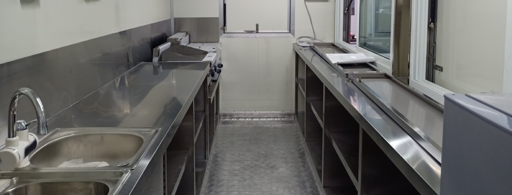 stainless steel worktable in concession trailer